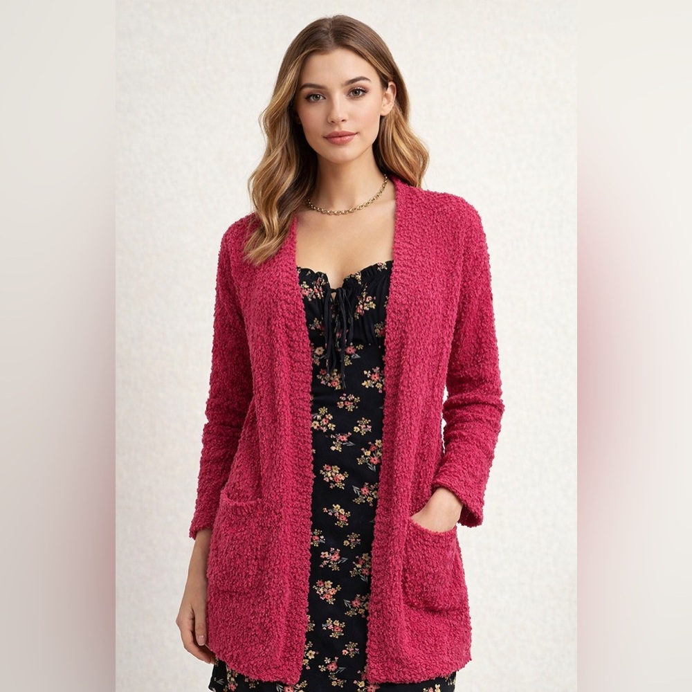 New Blue Buttercup Women's Pink Textured Sweater with pockets.